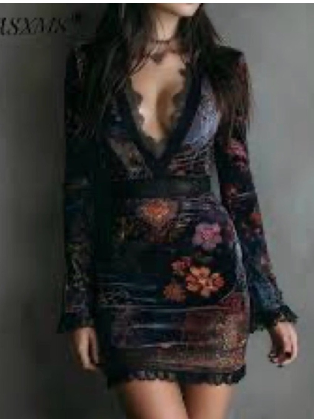 Boho Floral Print V-Neck Velvet Bodycon Mini Dress With Lace Trim